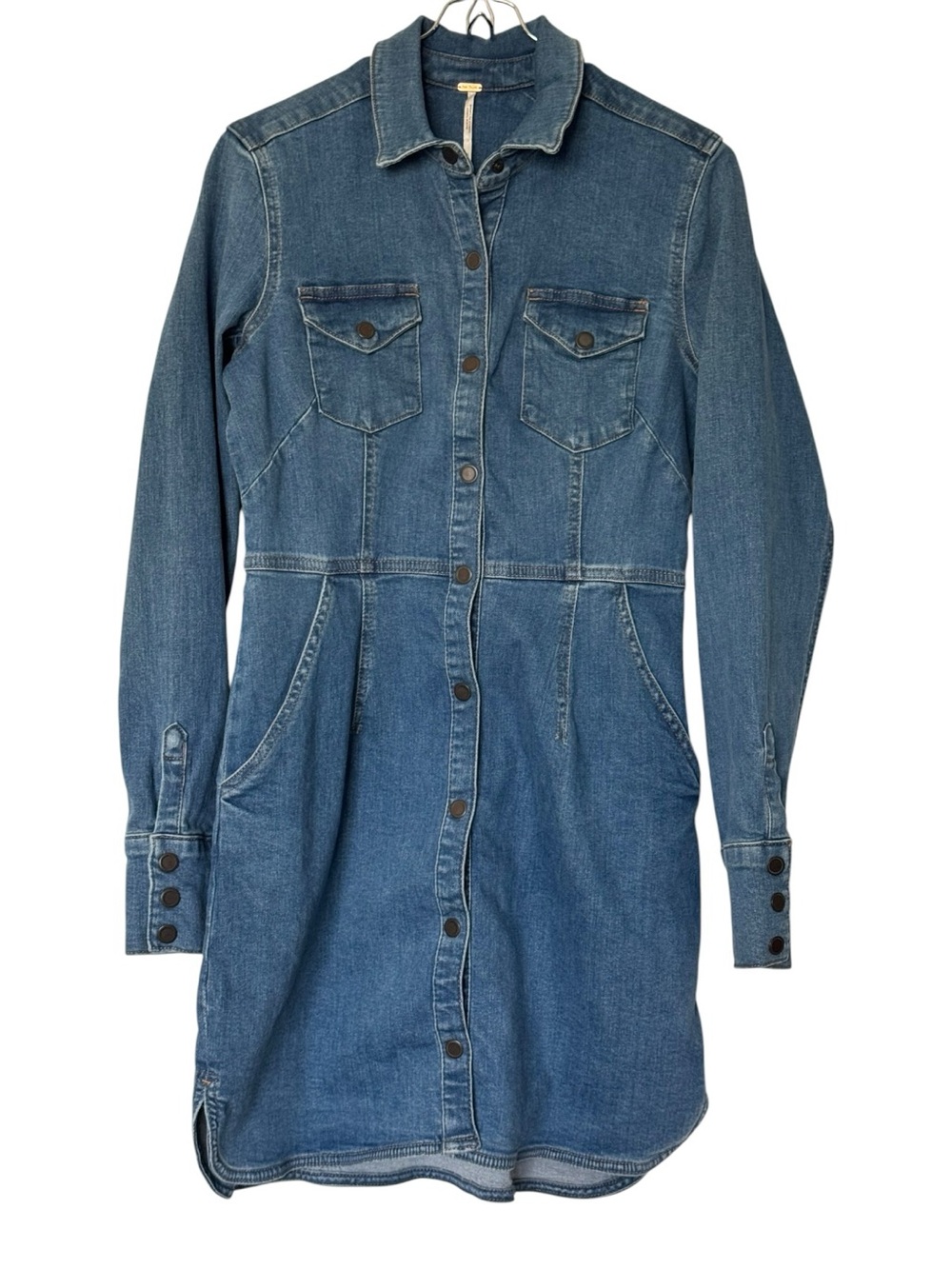 Free People Dynomite Denim Mini Shirt Dress Medium Wash - Small - Picture 2 of 9